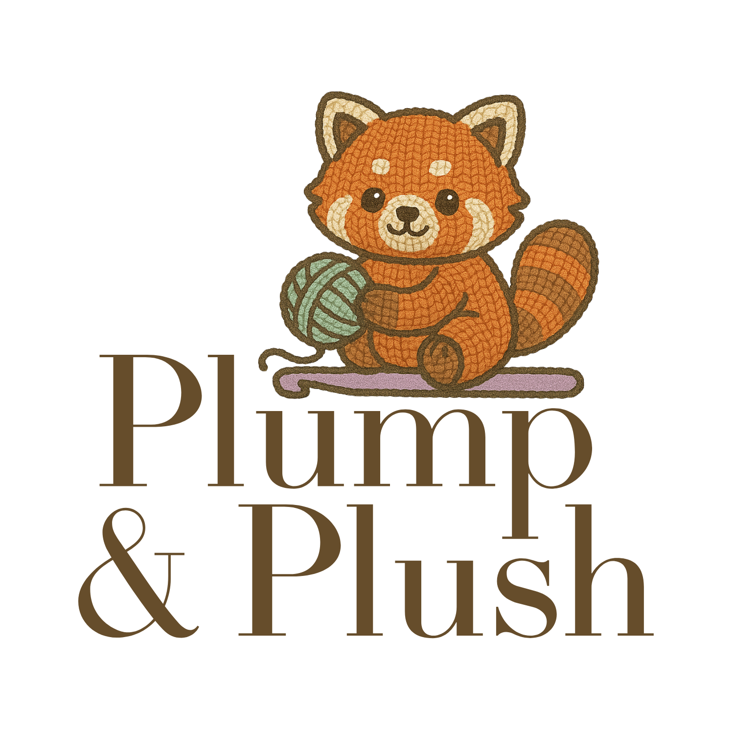Plump and Plush Logo - Plump and Plush Text with Crochet Red Pande with ball of yarn icon above